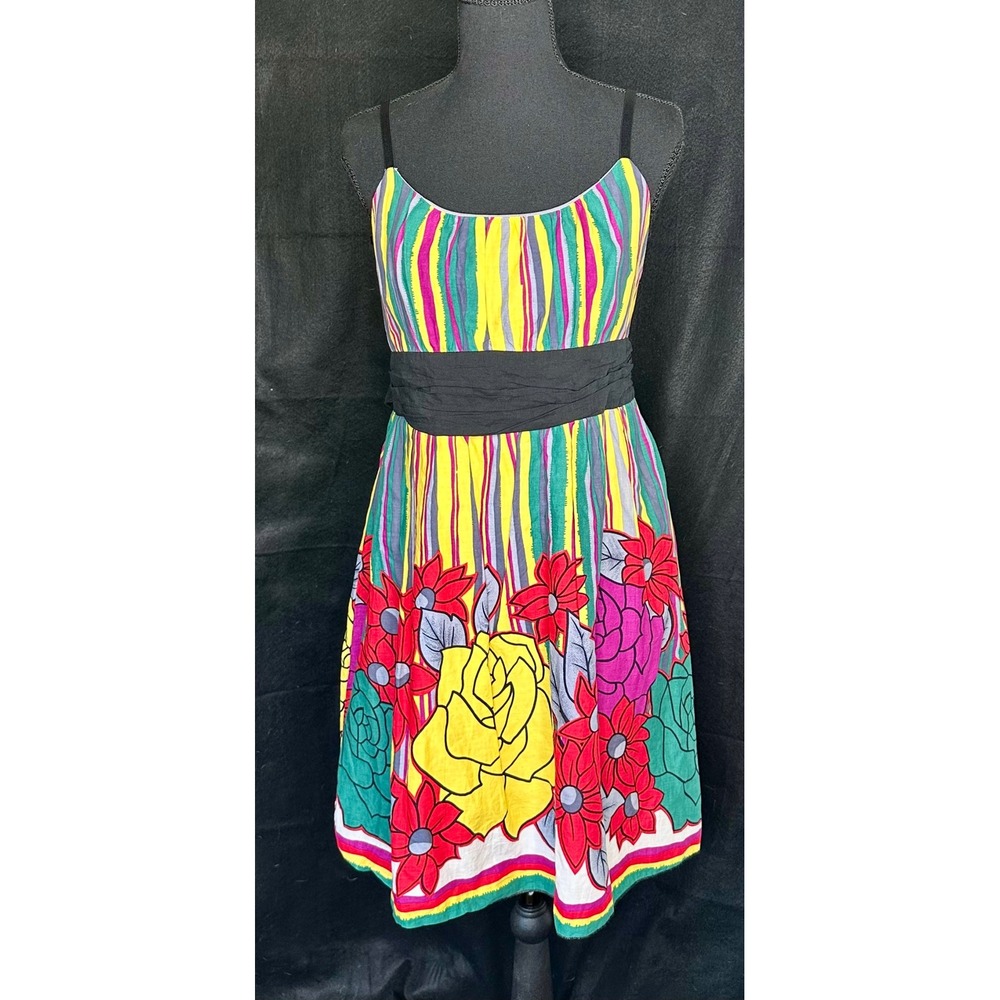Estam Floral Striped Empire Waist Sun Dress Large Vintage Y2K Smocked Back USA